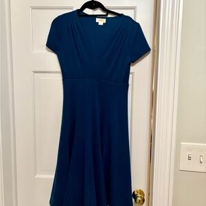 Anthropologie Blue Midi A-Line Dress with Short Sleeves and Crew Neck